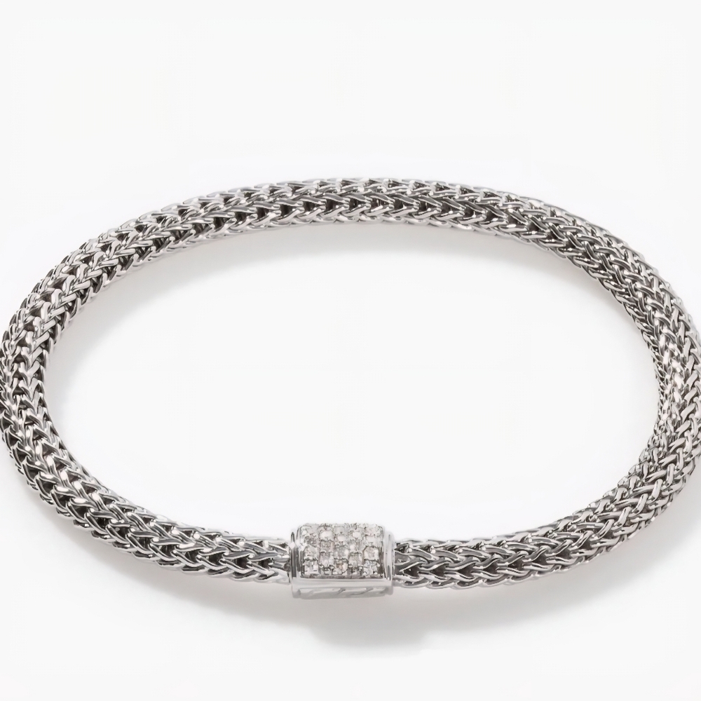 John Hardy Silver Woven Bracelet with Diamonds